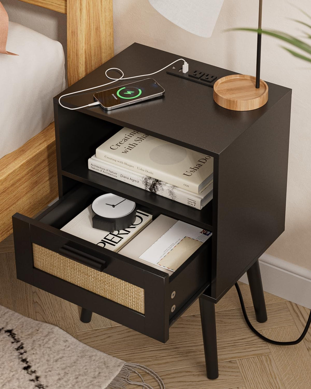 Rattan Nightstand w/ Charging Station, Storage Drawers