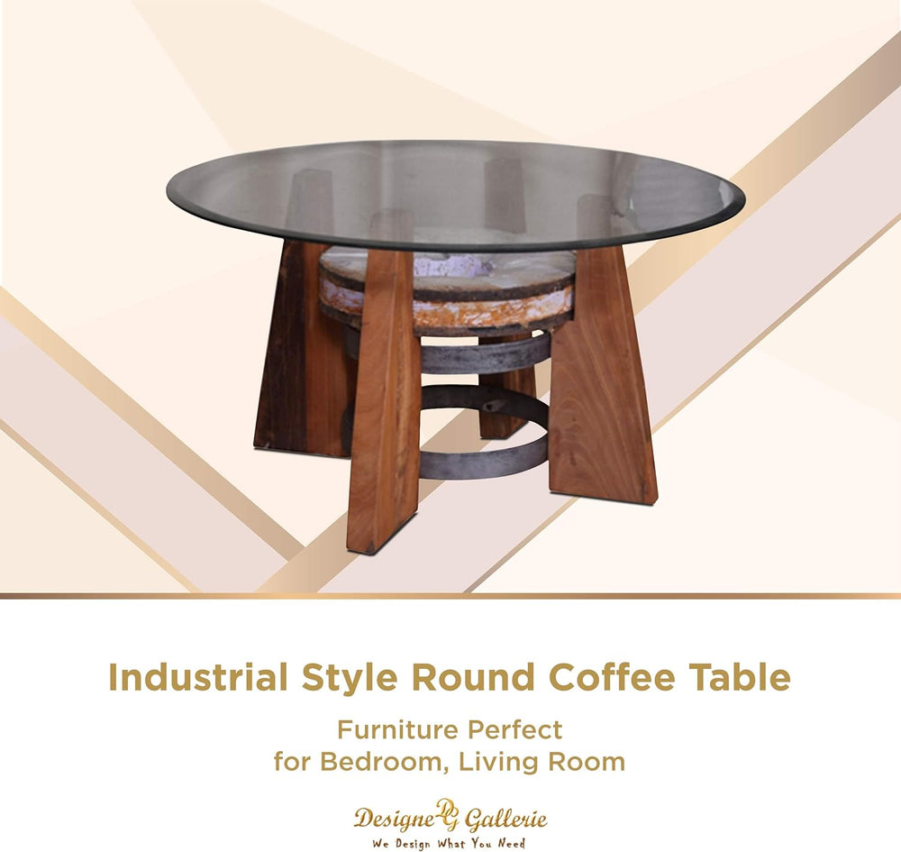 Round Coffee Table for Living Room - Designe Gallarie Accent Wooden Glass Table, Rustic Wood & Stone, Natural Finish, Brown