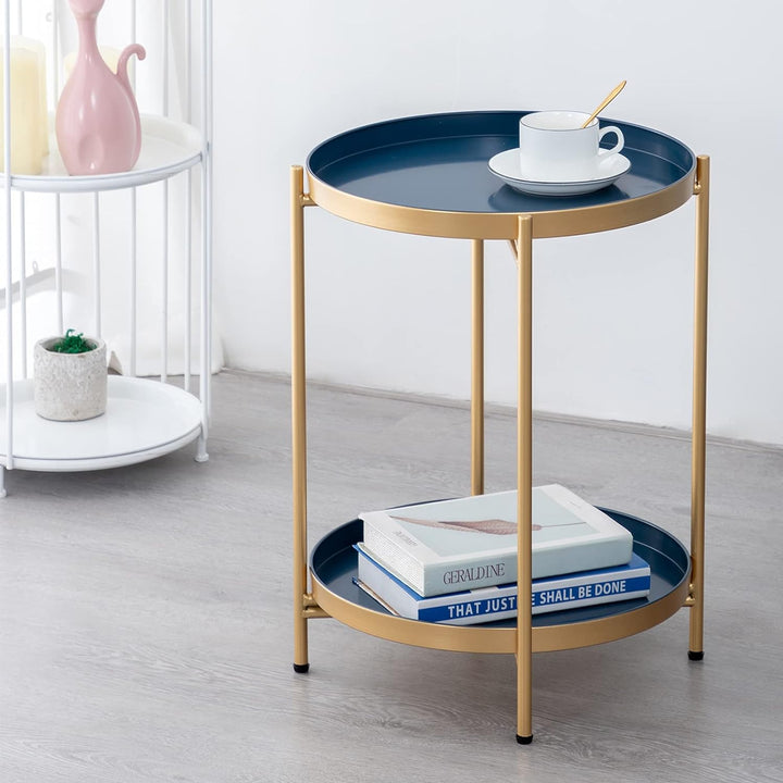 Folding End Table 2-Tier Metal Round Side (GoldBlue)