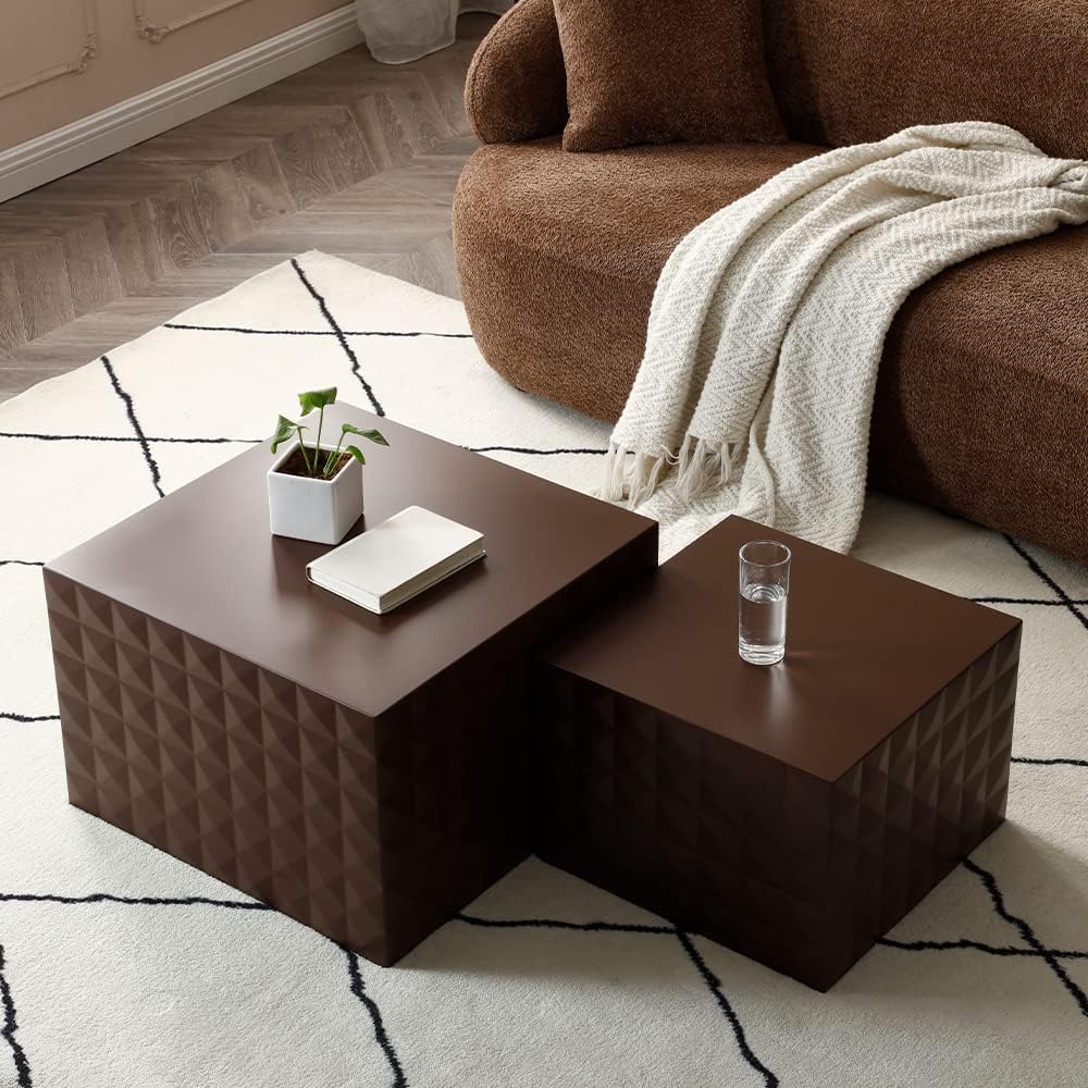 Modern Nesting Coffee Table Set, Luxury Square End Table Set, Wood Circle Drum Side Table, Brown