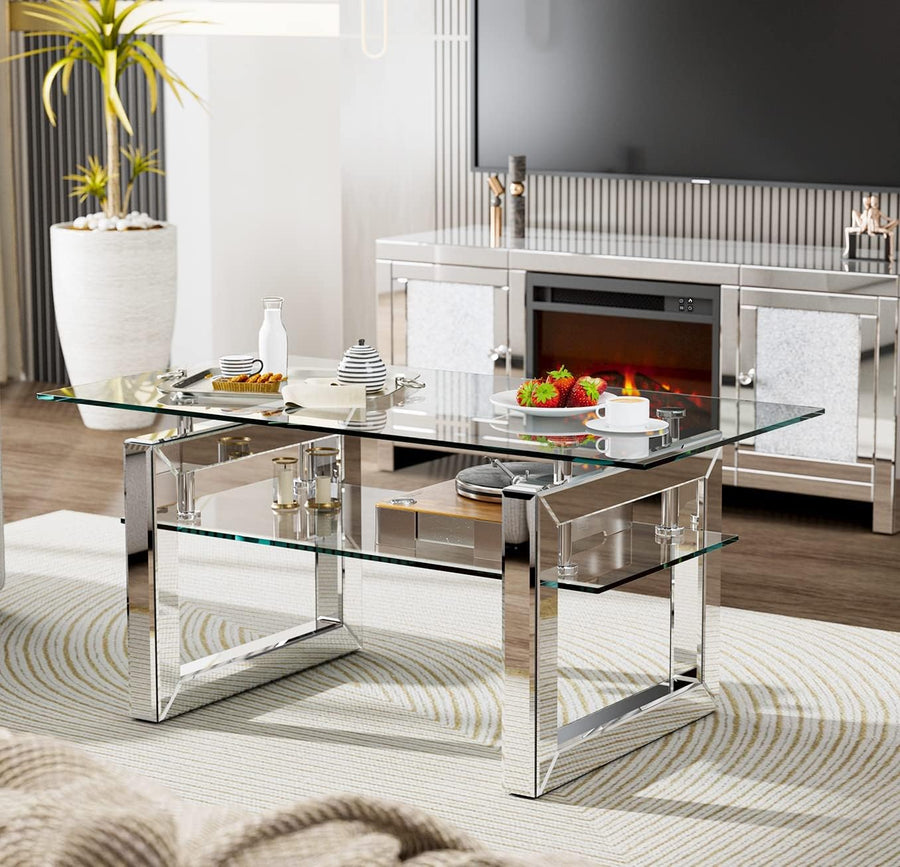 IKIFLY Glass Coffee Table, Mirrored Clear Rectangle Glass End Table