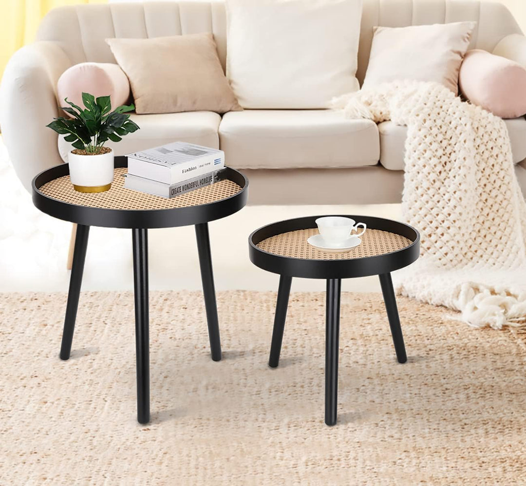 Rattan Round Side Table, Black, Modern Boho Accent Table