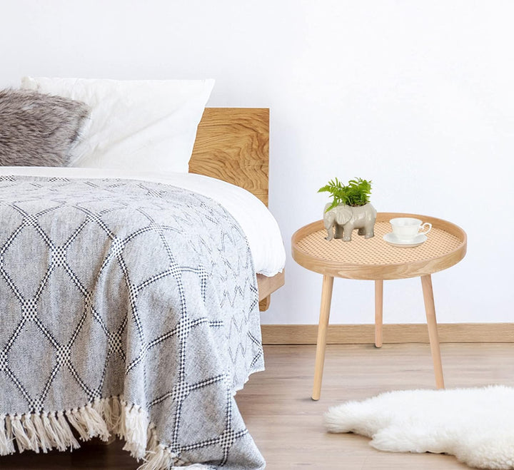 Round Boho Coffee Table Set, Natural Rattan Side Tables