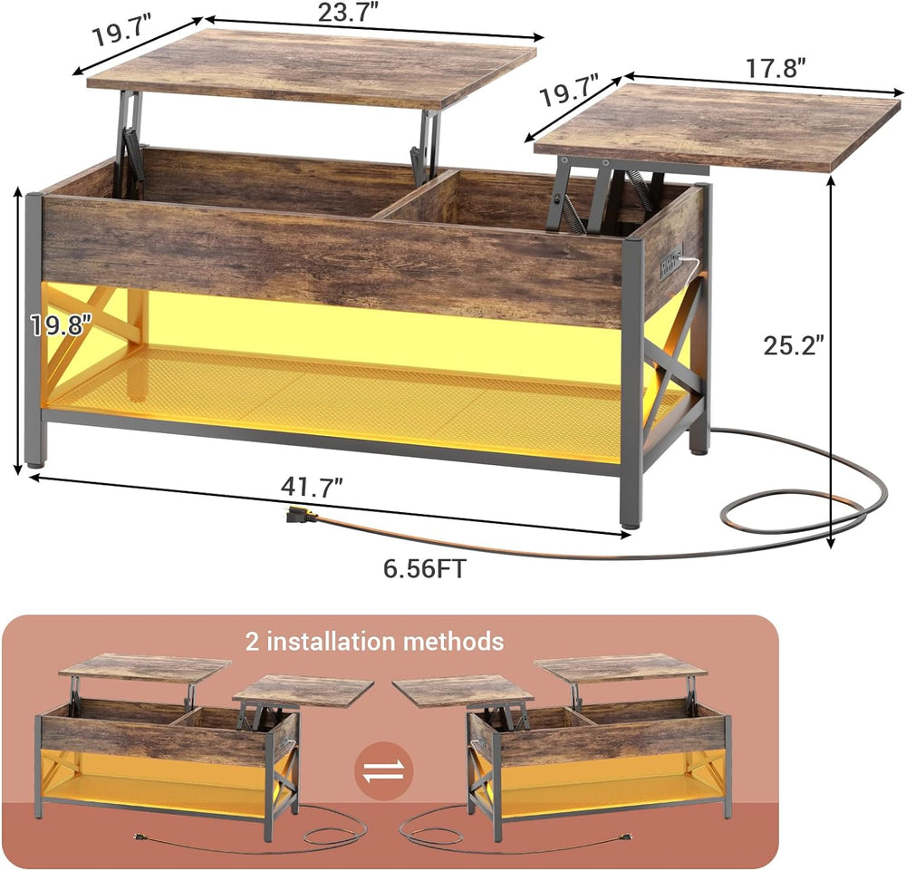 Coffee Table with Lift Top Storage, LED Light, Power Outlet, Rustic Brown