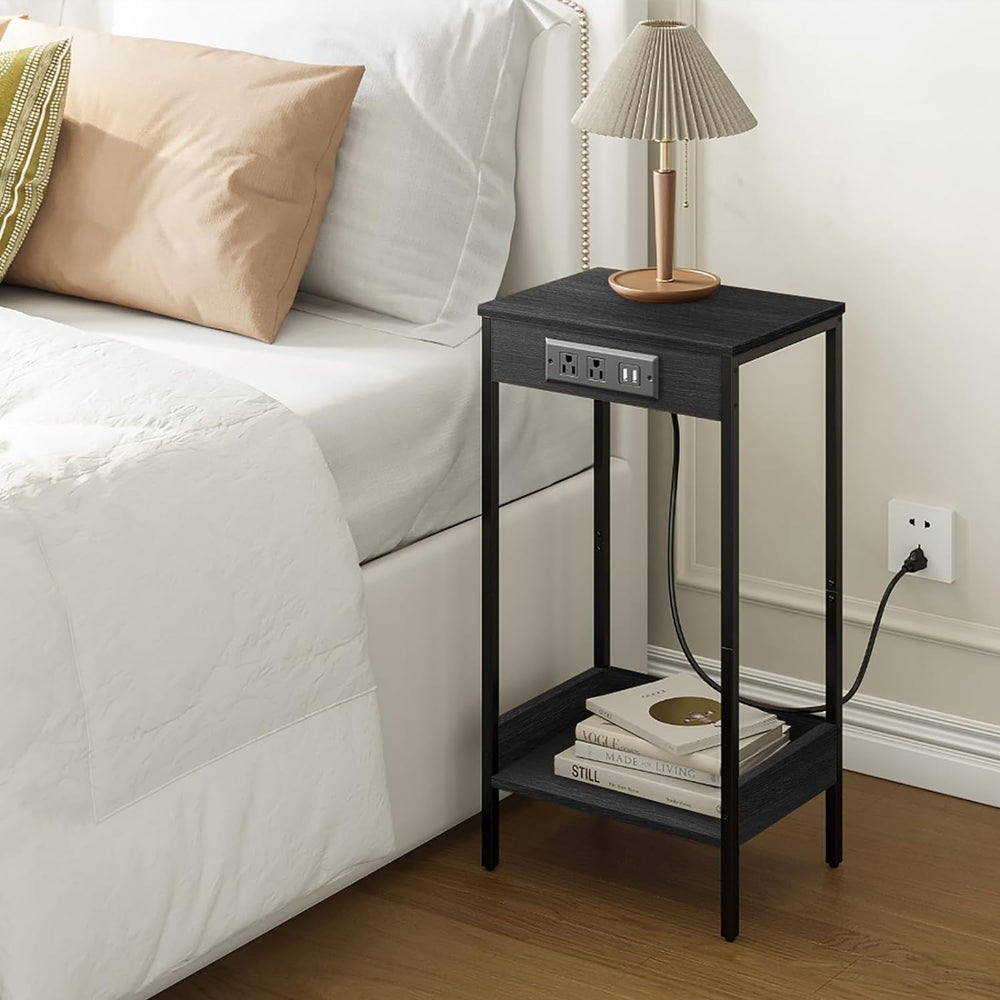 Tall Side Table w/ Charging Station, Black Table