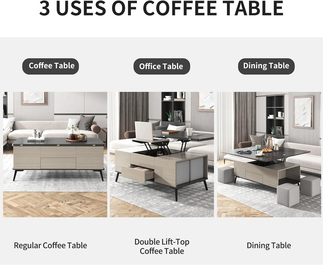 Lift Top Coffee Table Set with Storage and Ottomans, Dark Gray