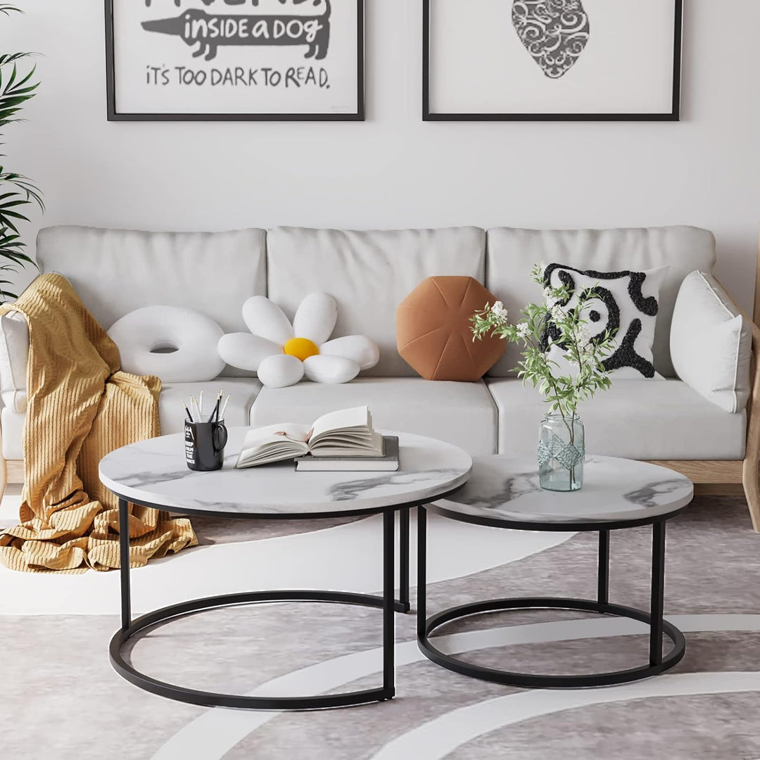 White Nesting Coffee Table Set, Wooden Marble Pattern, Adjustable Feet