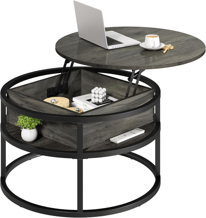 Lift Top Coffee Table with Hidden Storage, Modern Round Center Table, Dark Grey