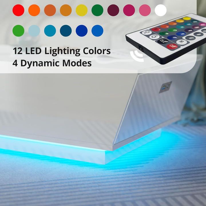 Cozy Castle Modern Coffee Table with LED Lights, High Gloss Storage, White