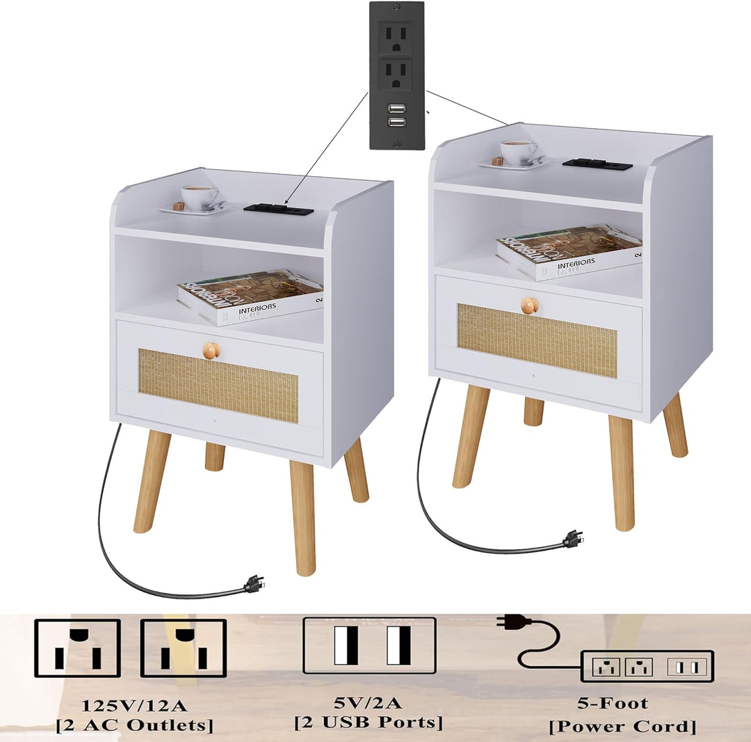 Nightstand Set of 2 with Charging Station, Rattan Drawer