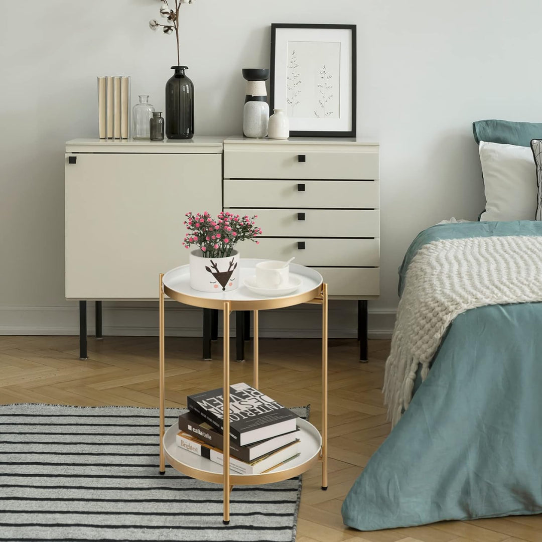 2-Tier Round Metal End Table, Gold&White