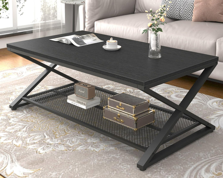 Elegant Black Oak Coffee Table, Modern 2-Tier Center Tables with Storage