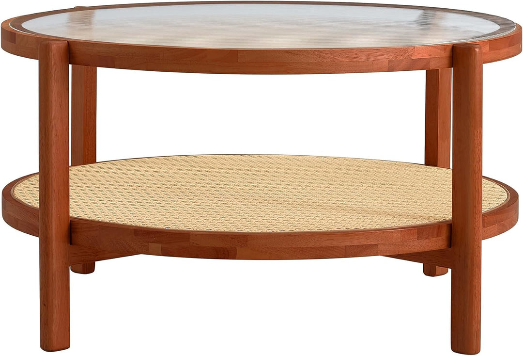 Modern Imitation Rattan Round Coffee Table, 2-Tier Solid Wood Glass Top, E-walnut