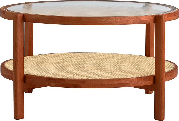 Modern Imitation Rattan Round Coffee Table, 2-Tier Solid Wood Glass Top, E-walnut