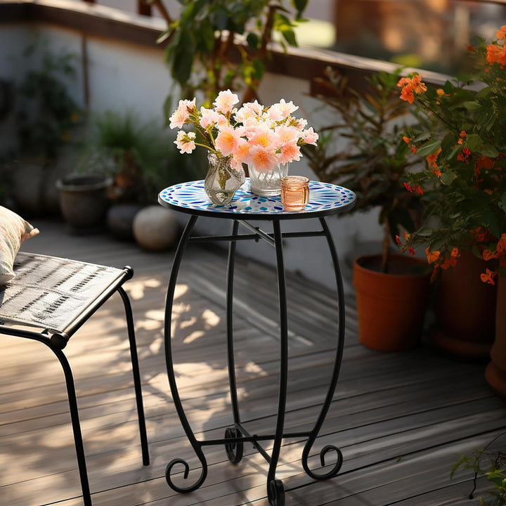 14" Outdoor Side Table, Scrollwork Accent Round End Table