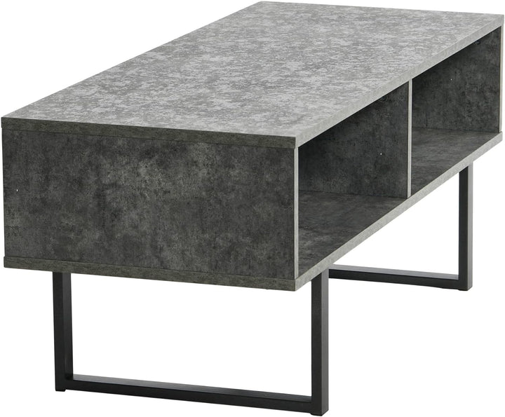 Rustic TV Stand Coffee Table with Storage, Slate Concrete, Black Metal