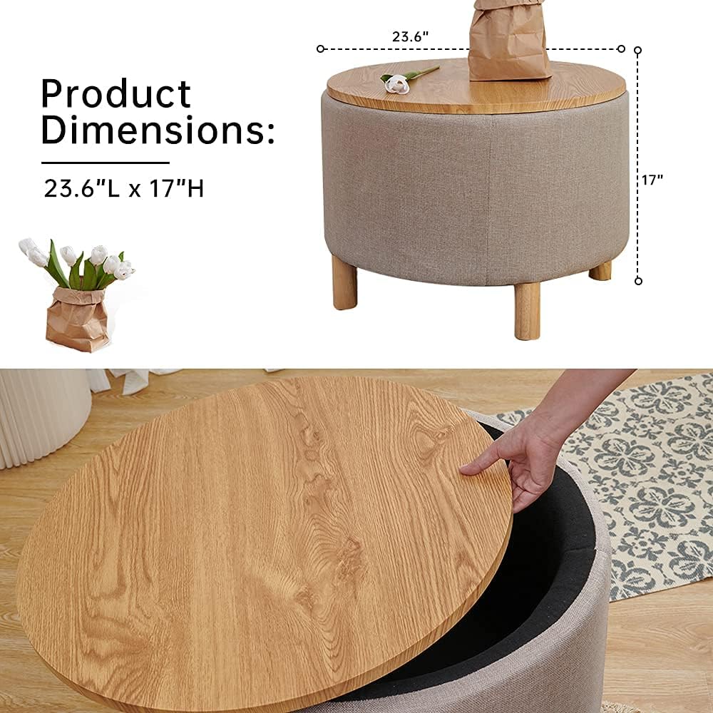 Round Coffee Table with Storage, Multi-Function Ottoman, Natural Color