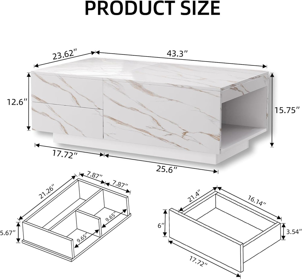 LED Coffee Table, Modern Center Table with Drawers, Ivory White