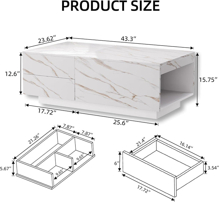 LED Coffee Table, Modern Center Table with Drawers, Ivory White