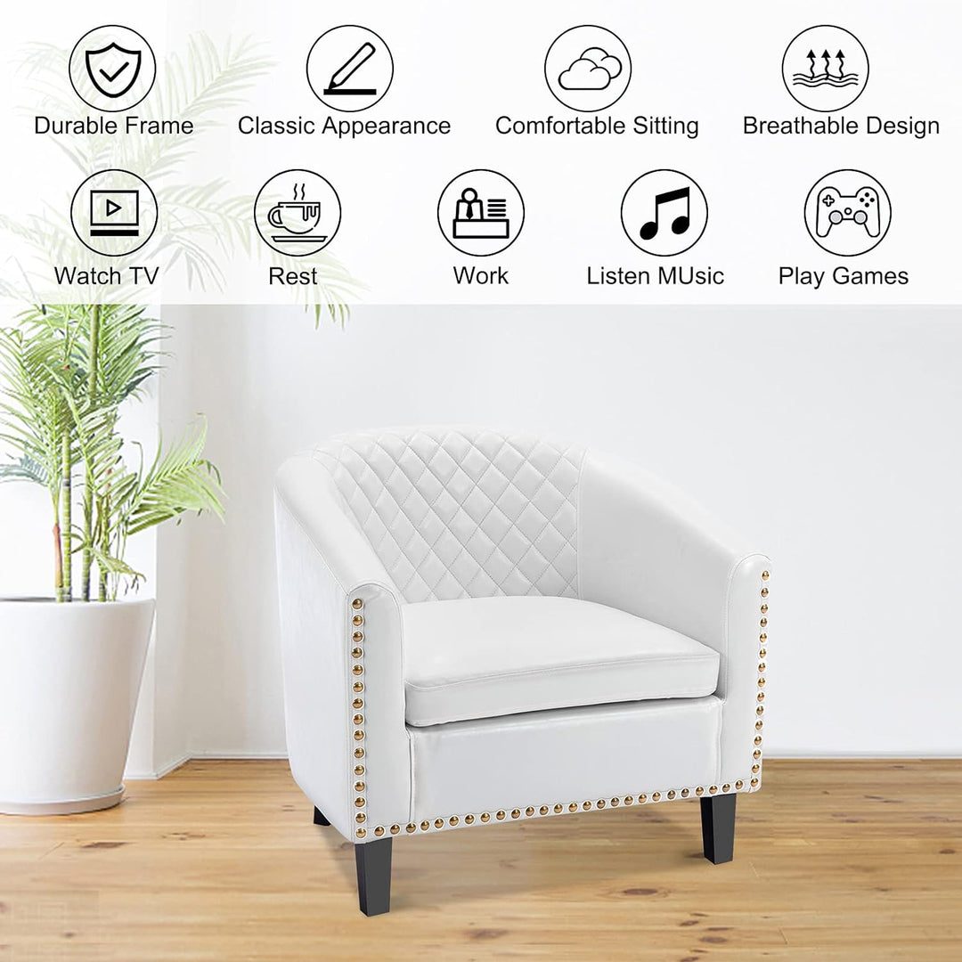 Armchair Barrel Club Chair,Modern PU Leather Accent Chair Arm Club Chair w/Nailheads and Solid Wood Legs,Tub Barrel Style Lounge Chair for Living Room Bedroom Reception Room (White)