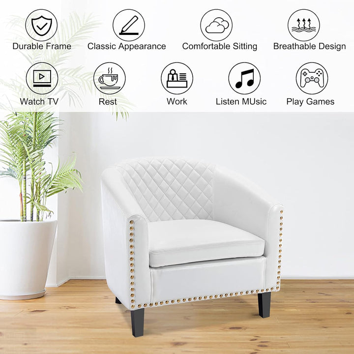 Armchair Barrel Club Chair,Modern PU Leather Accent Chair Arm Club Chair w/Nailheads and Solid Wood Legs,Tub Barrel Style Lounge Chair for Living Room Bedroom Reception Room (White)