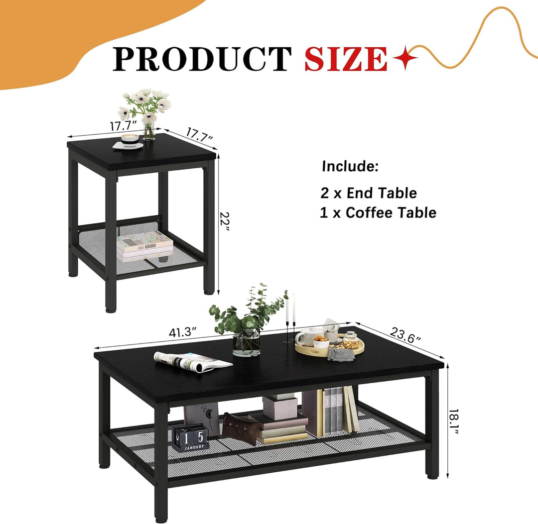 Stylish 3-Piece Coffee Table Set, Industrial Design, Black