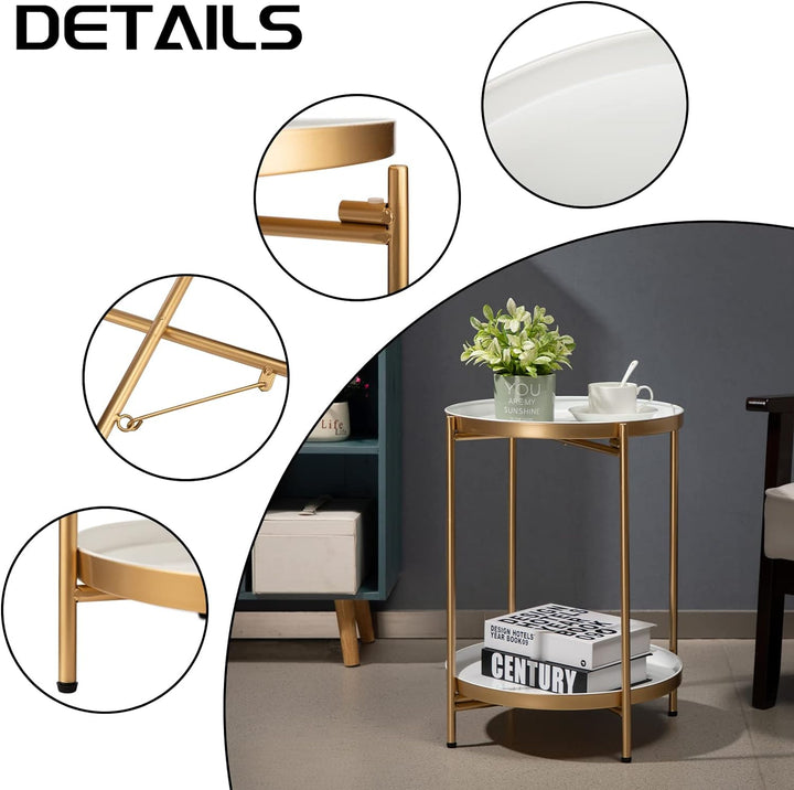 2-Tier Round Metal End Table, Gold&White