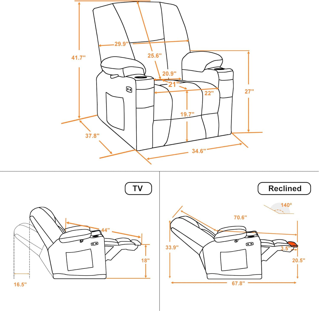 Fabric Electric Power Recliner Chair with Heat (Burgundy)