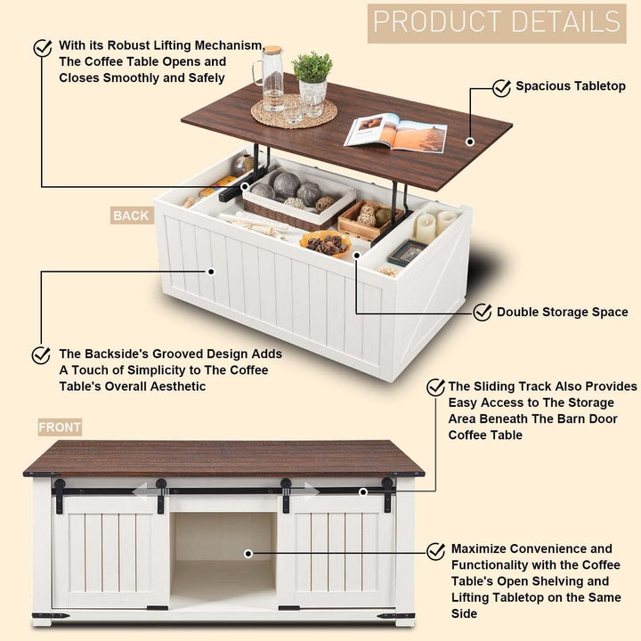 Farmhouse Rustic Wood Coffee Table, Convertible, Sliding Barn Door, White