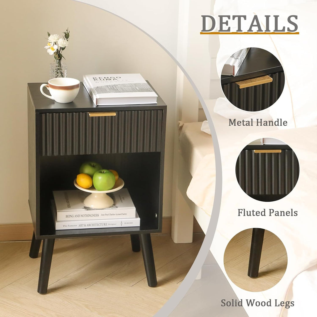 Black Fluted Nightstand, Modern Bedside Table