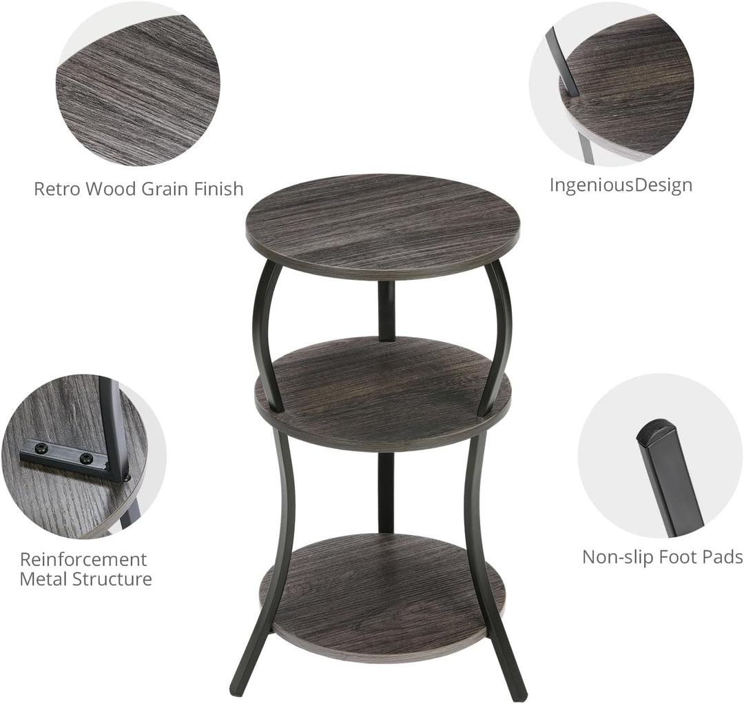 Small Round Side Table, 3-Tier Slim Waist Circular End Table, Grey