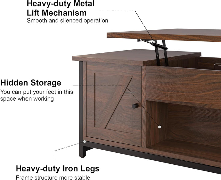 FABATO Lift Top Coffee Table w/ Storage Drawer, Barn Door Cabinet, Espresso