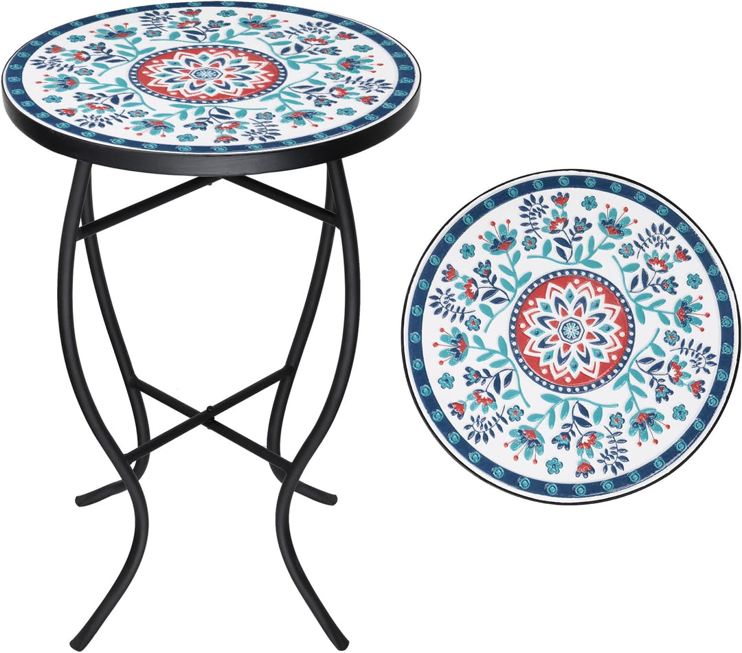 Mosaic Outdoor Patio Side Table, 14" Round Folding