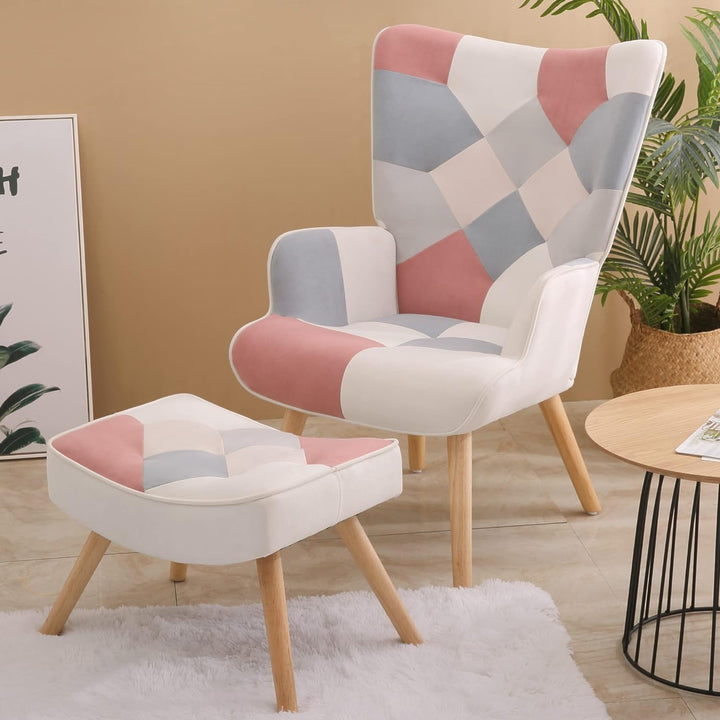 Patchwork Accent Chair with Ottoman Set Pink