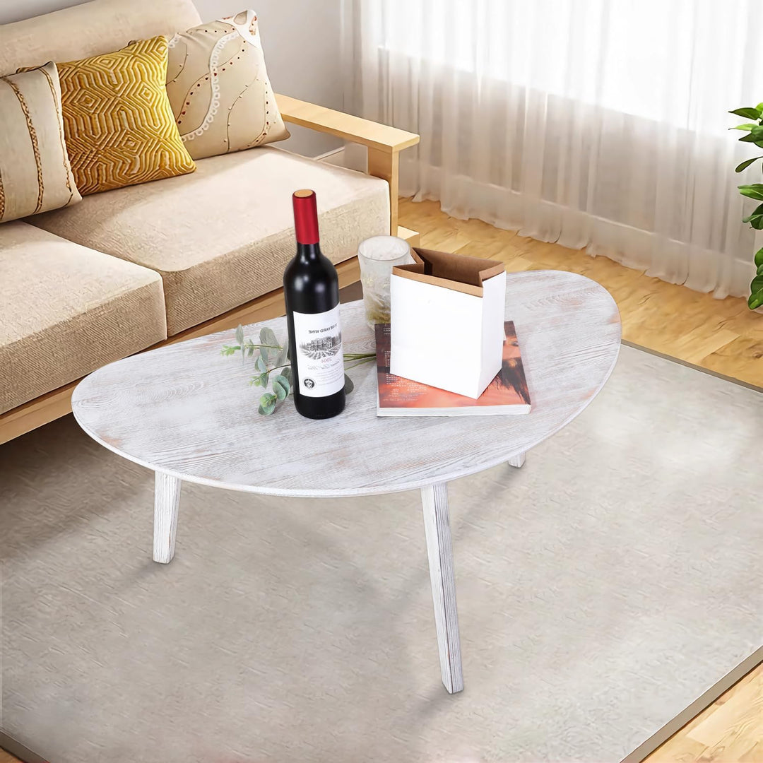 Rustic White, Small Oval Coffee Table, Mid-Century Modern Chic