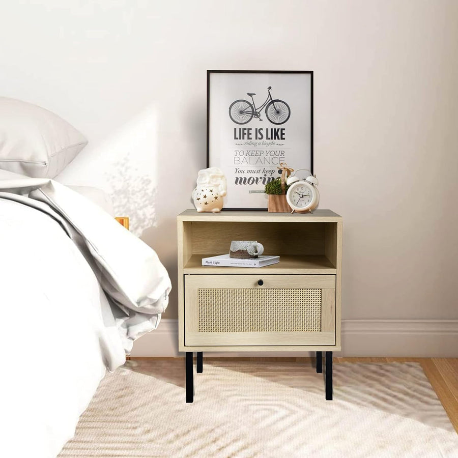 Rattan Nightstand, Wooden End Table, Modern Side Table