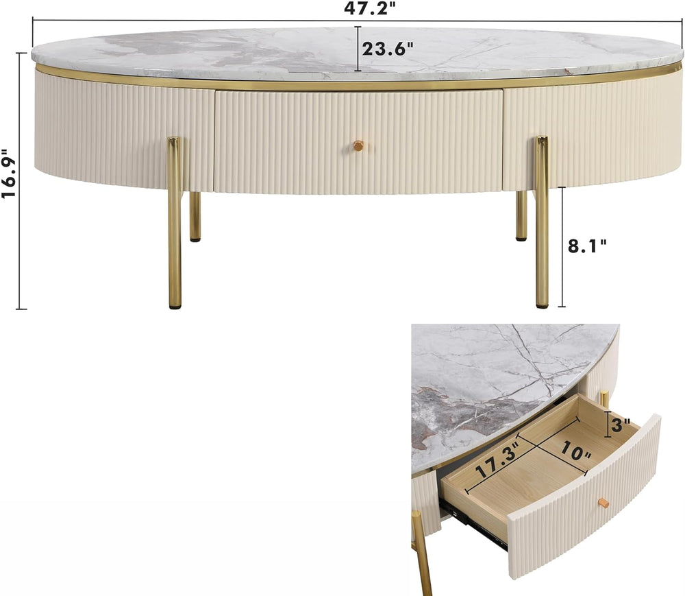 47.2''-Off White, Round Coffee Table with Drawers, Oval Marble Top