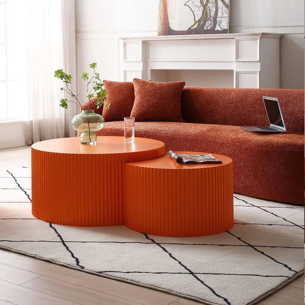 Modern Nesting Coffee Table Set, Round Wooden Drum Tables, Matte Orange