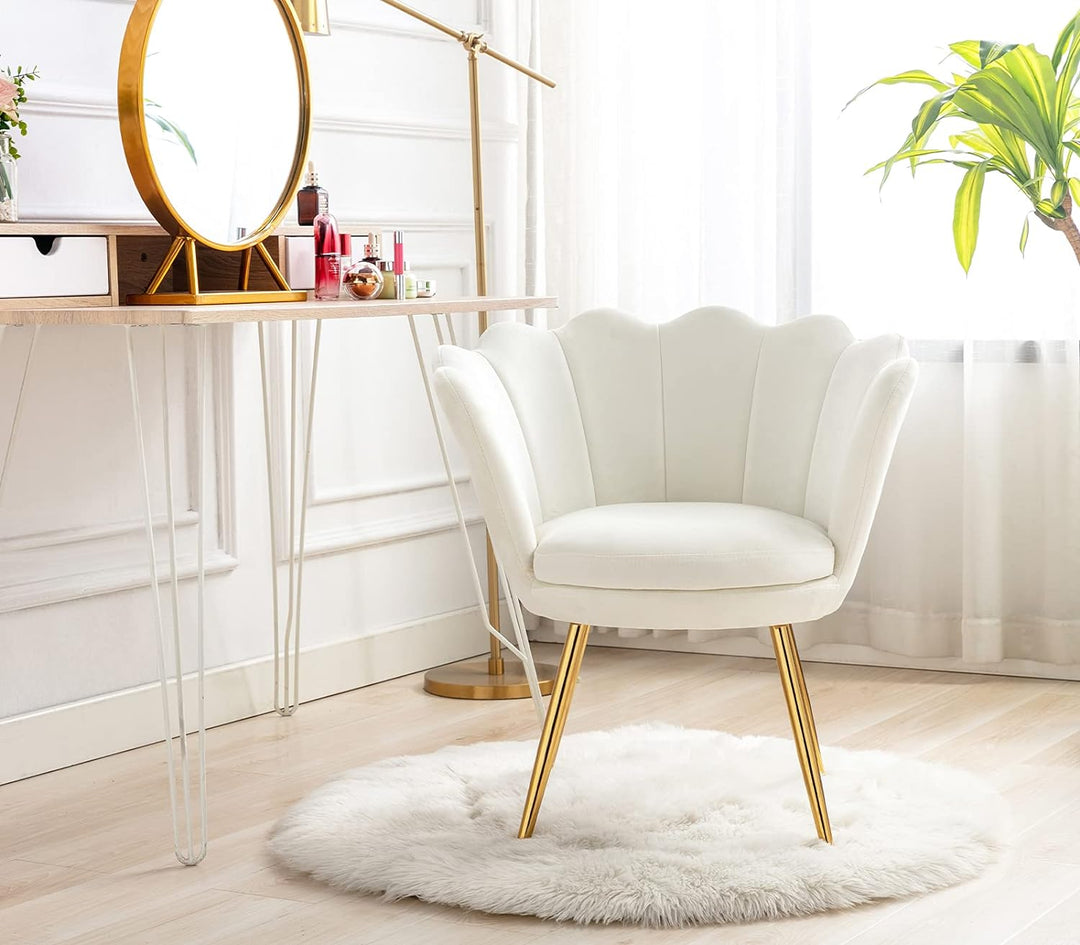 Small Accent Chair, Velvet Gold Cute Vanity Chair, Upholstered Shell Shaped Office Guest Modern Chair Arm Chair, Cream White