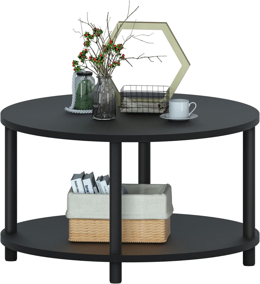 Round Coffee Table with Open Storage Shelf, 2 Tier Black Wooden