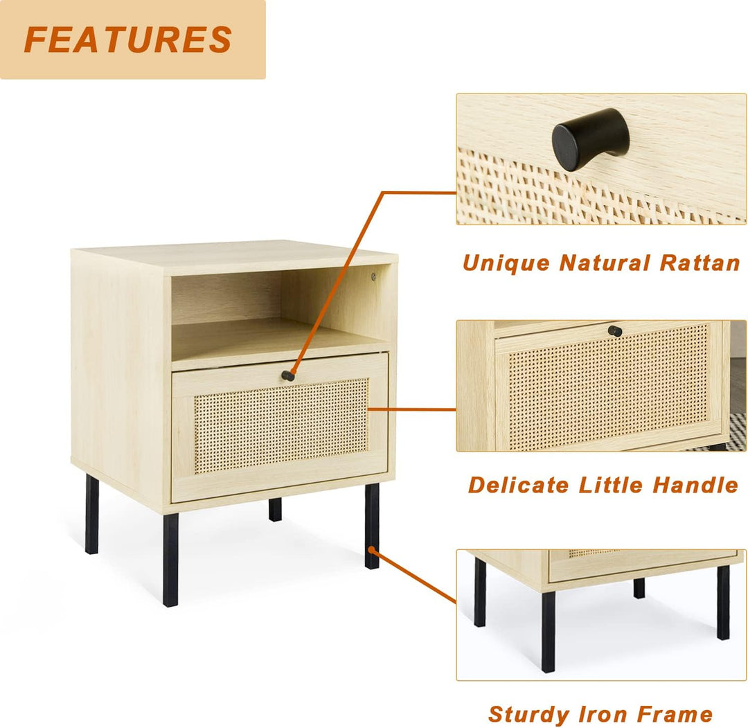 Rattan Nightstand Set, Wooden End Table, Storage