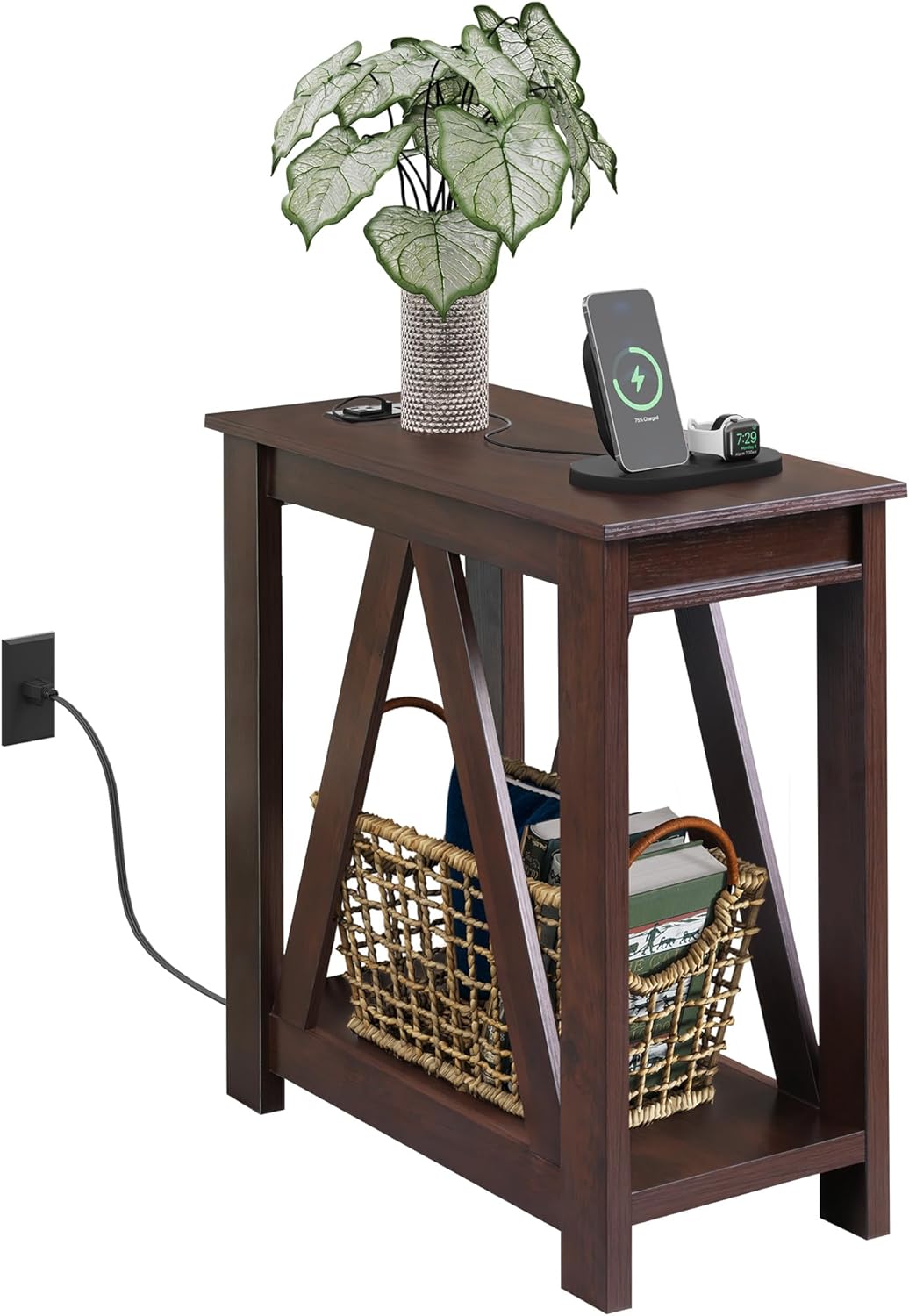 Narrow End Table with Charging Station, Espresso