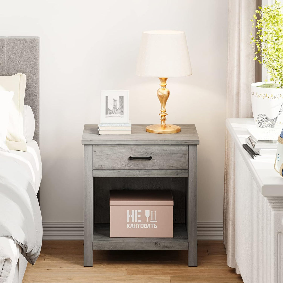 Farmhouse Nightstand w/ Storage Drawer, Rustic Grey