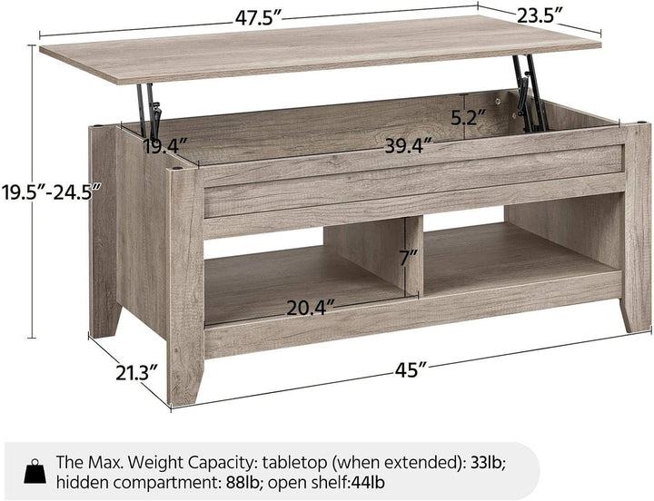 Lift Top Coffee Table with Hidden Storage, Farmhouse Style, Gray