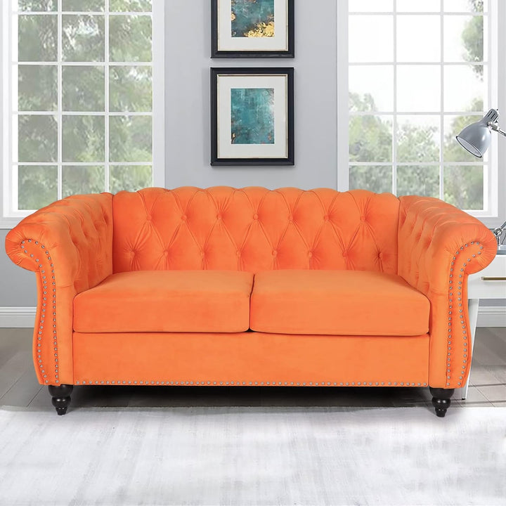 Chesterfield Loveseat, Modern Velvet Sofa Tufted Couch (Orange)