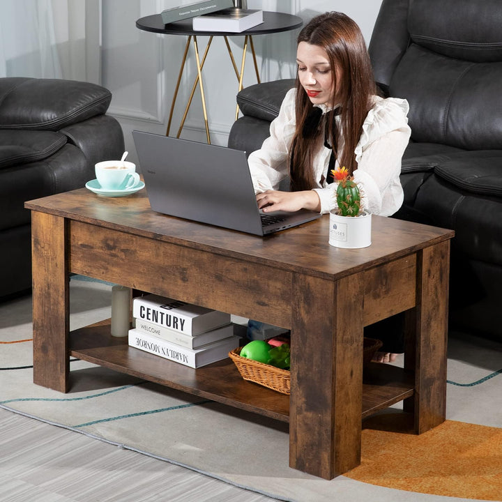 FDW Lift Top Coffee Table with Hidden Storage and Shelf, Brown