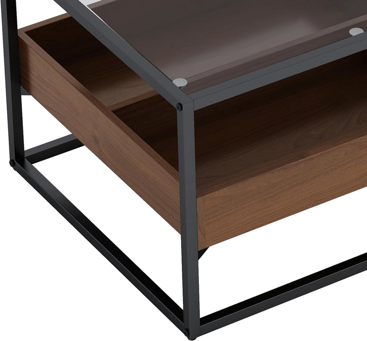 Modern Tempered Glass Coffee Table, 2-Tier with Storage Black, Brown