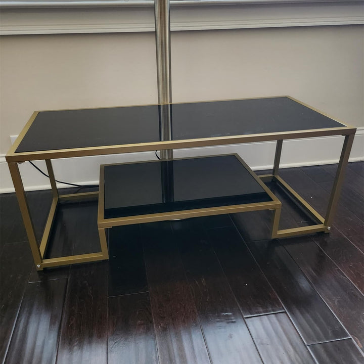 Glass Coffee Table with Brass Accent, Modern Tempered Glass Side Table