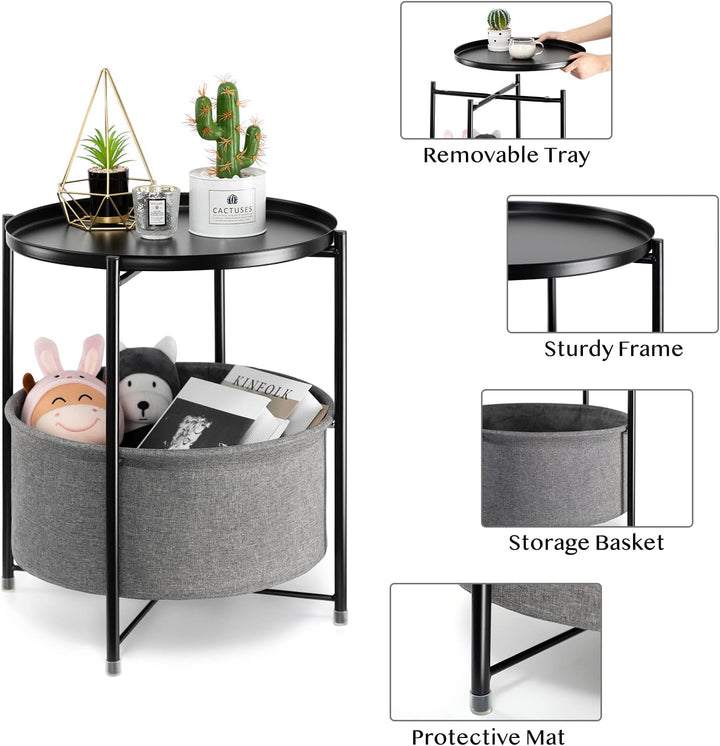 Round Side Table with Fabric Storage Basket