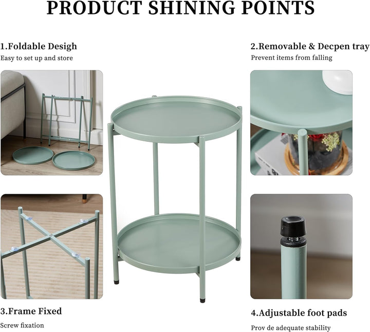 2 Tier Round Metal Side Table, Folding End Tables